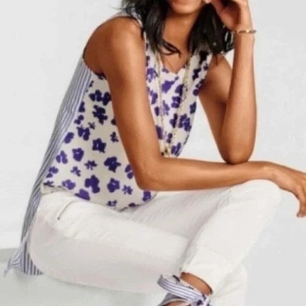 CABI High Low Tunic Blouse Blue and White S #5357 NWOT
